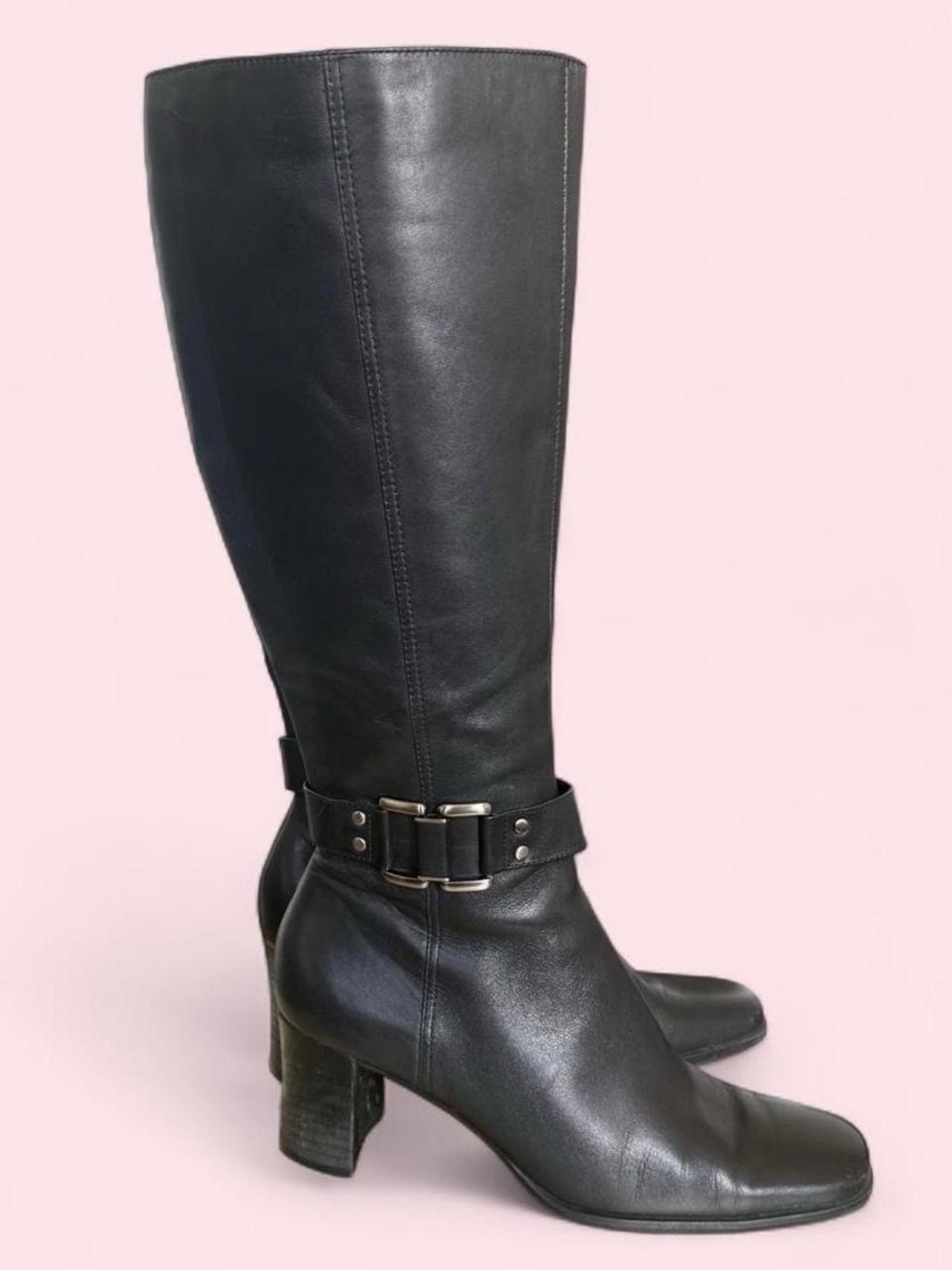 Vintage 90s Square Toe Classic Black Leather Knee-High Boots - Picture 3 of 6